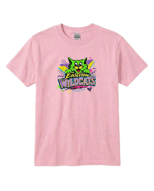 A pink t-shirt with a graphic design featuring a cartoon cat and the text "Easton Wildcats".