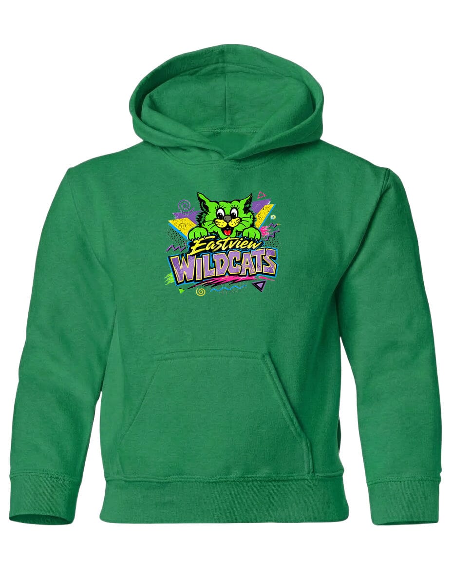 A bright green hoodie with a graphic design featuring a cartoon cat and the text "Eastview Wildcats".