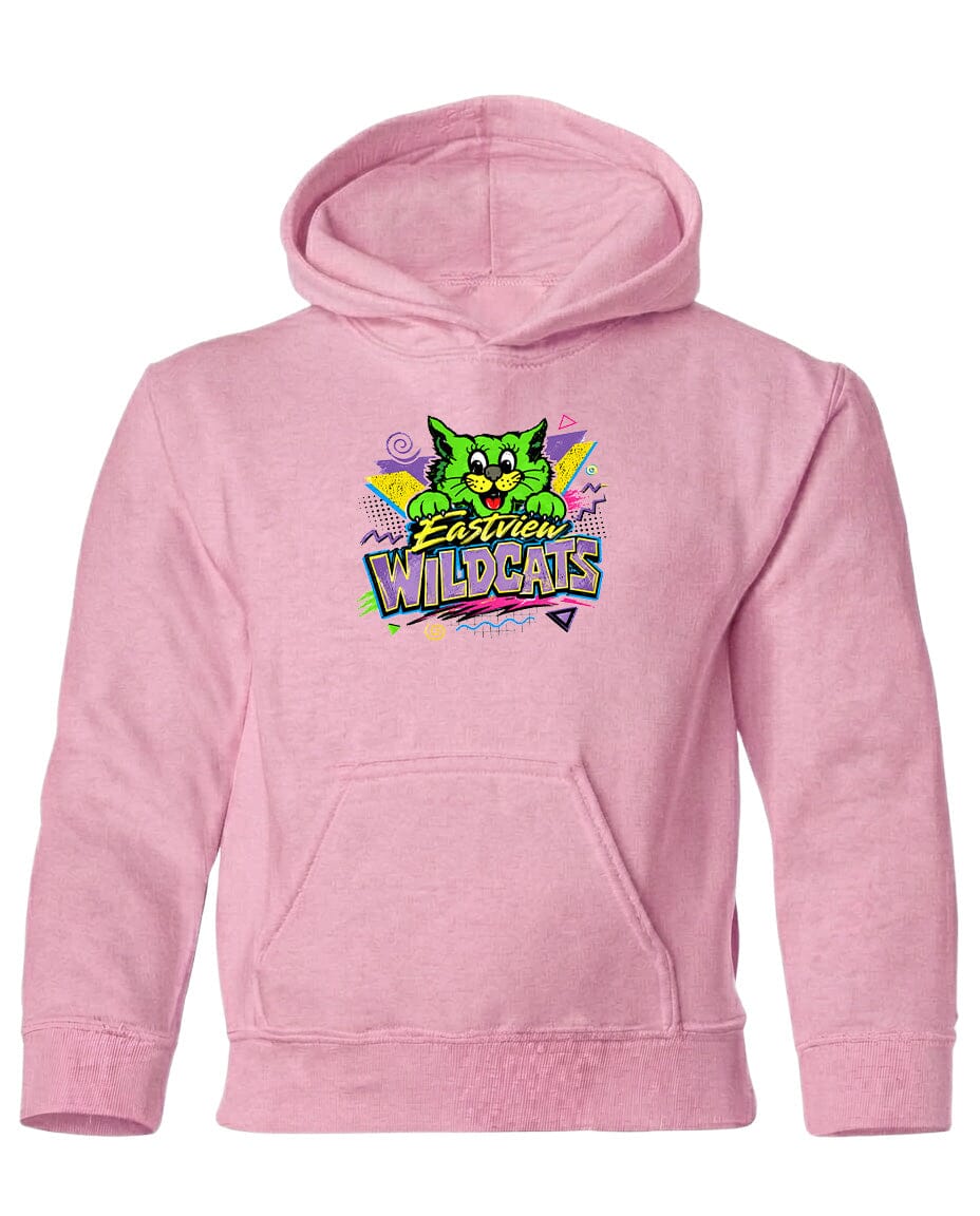 A pink hoodie with a graphic design featuring a cartoon cat and the text "Eastview Wildcats".