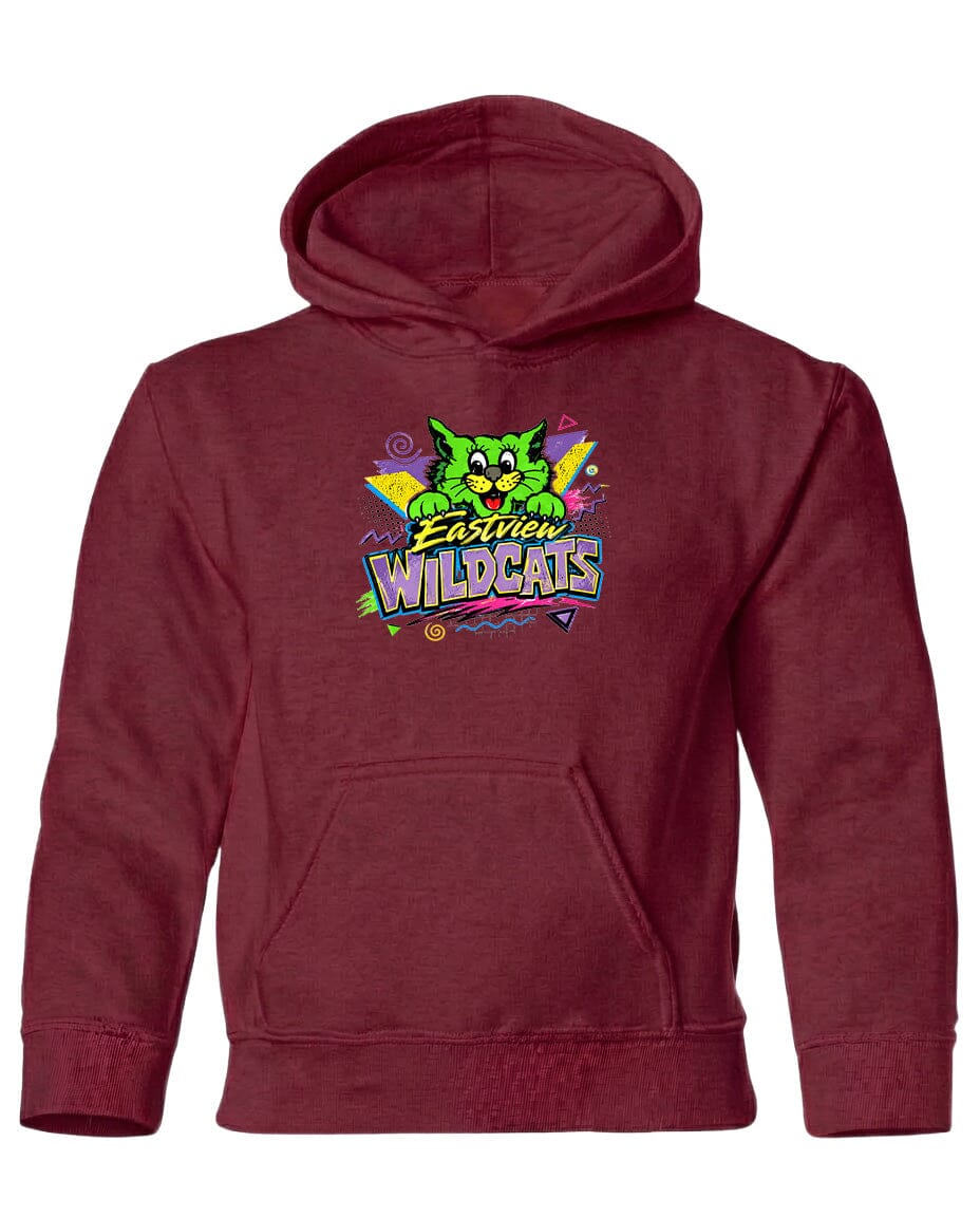A burgundy hoodie with a colorful graphic of a cat and the text "Eastview Wildcats" printed on it.
