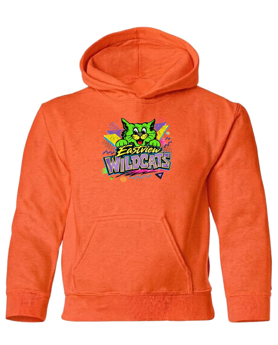 An orange hoodie with a graphic design featuring a cartoon cat and the text "Eastview Wildcats".