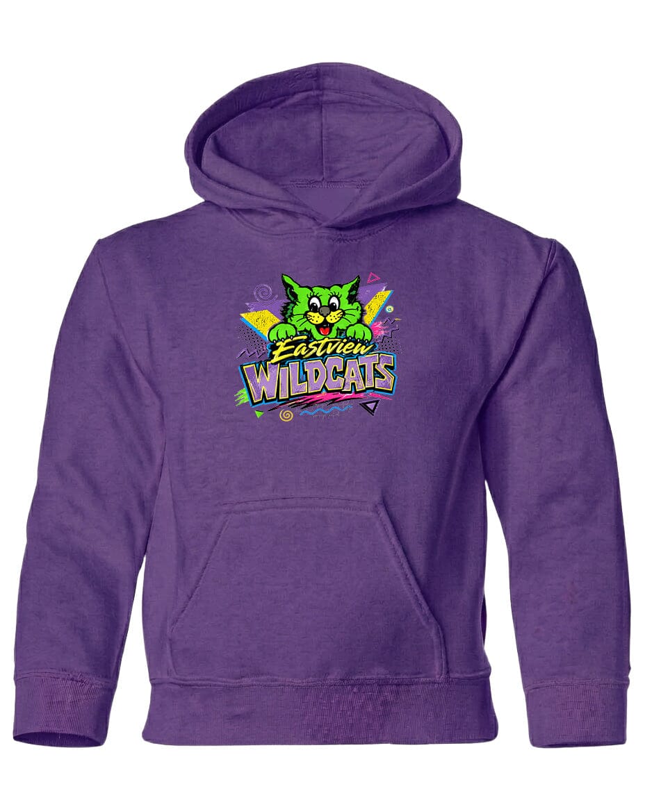 A purple hoodie with a graphic design featuring a cartoon cat and the text "Eastview Wildcats".