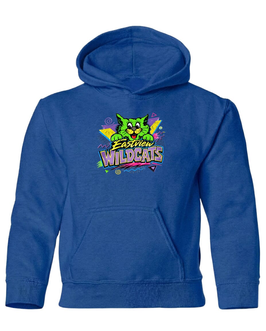 A blue hoodie with a colorful graphic of a cat and the text "Eastview Wildcats" printed on it.