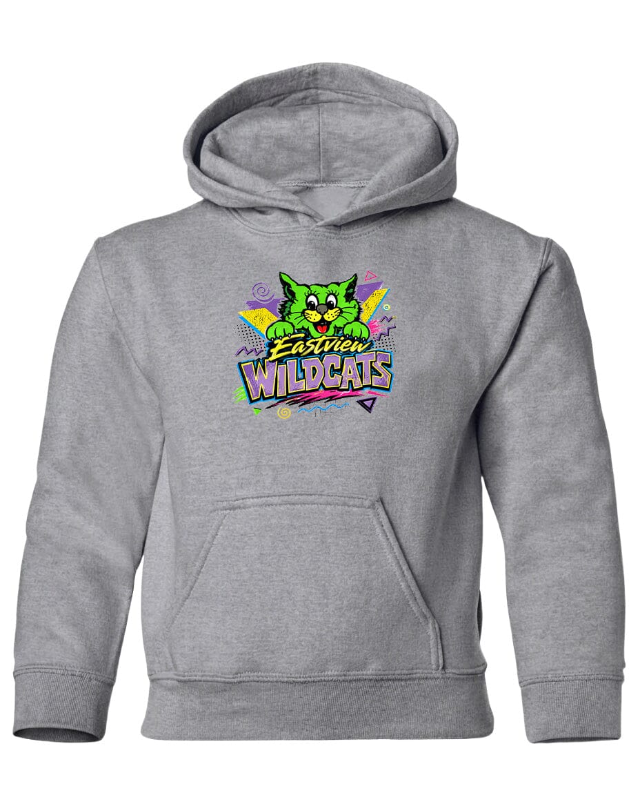 A gray hoodie with a colorful graphic design featuring a cartoon cat and the text "Eastview Wildcats".