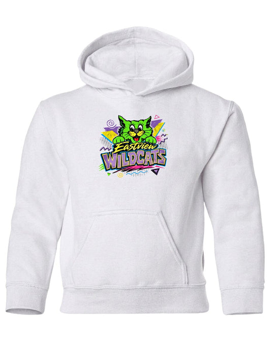 A white hoodie with a colorful graphic design featuring a cartoon cat and the text "Eastview Wildcats".