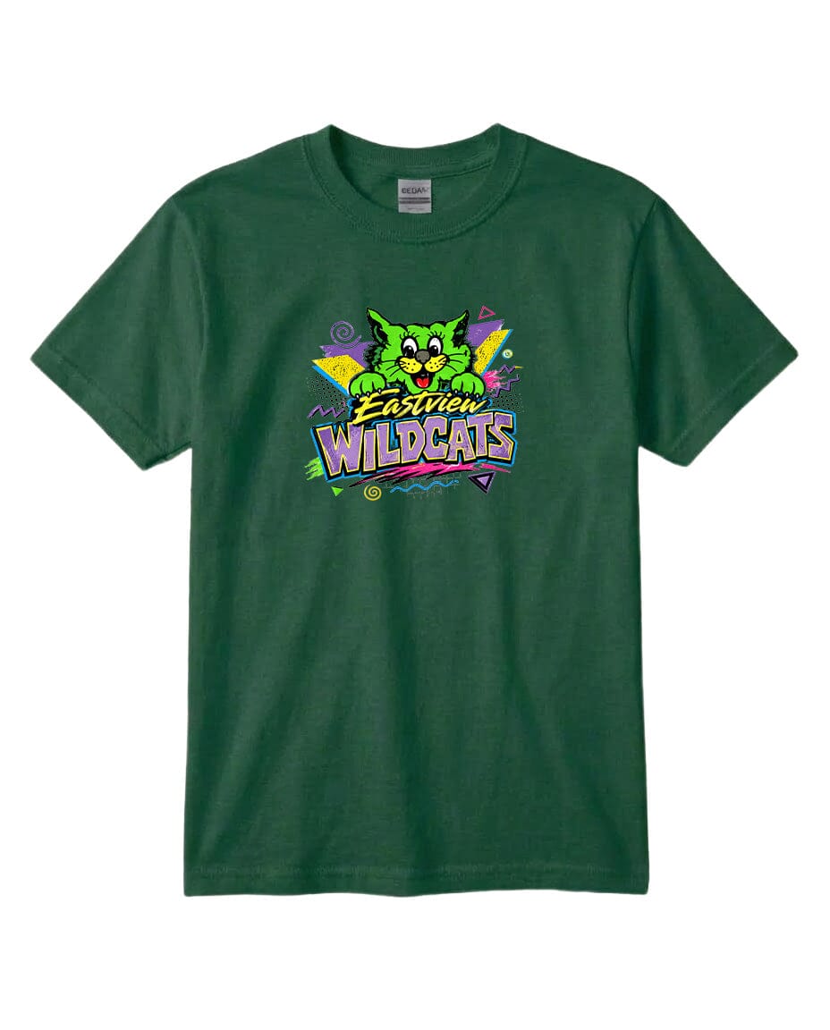 A green t-shirt with a colorful graphic design featuring a cartoon-like cat and the text "Easton Wildcats".