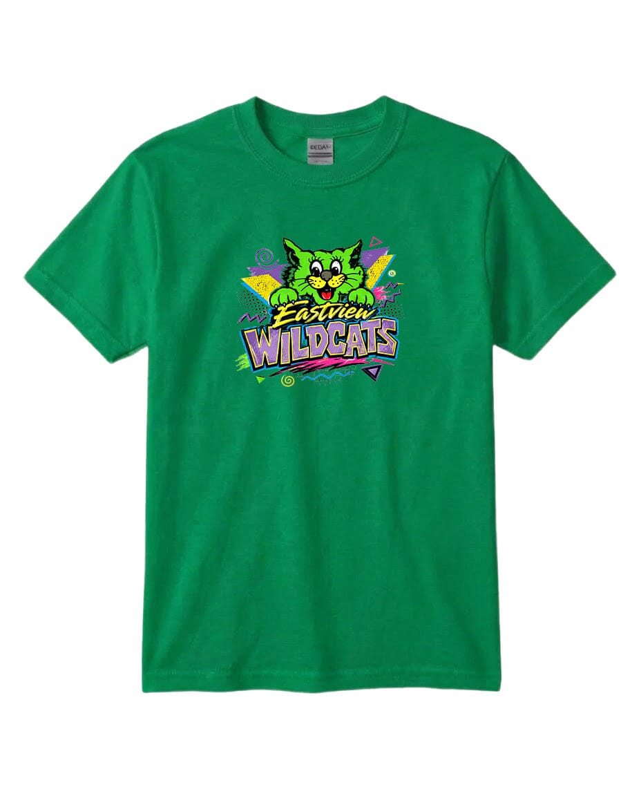 A green t-shirt with a colorful graphic design featuring a cartoon-like cat and the text "Easton Wildcats".