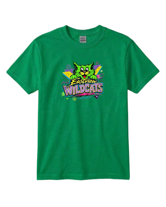 A green t-shirt with a colorful graphic design featuring a cartoon-like cat and the text "Easton Wildcats".
