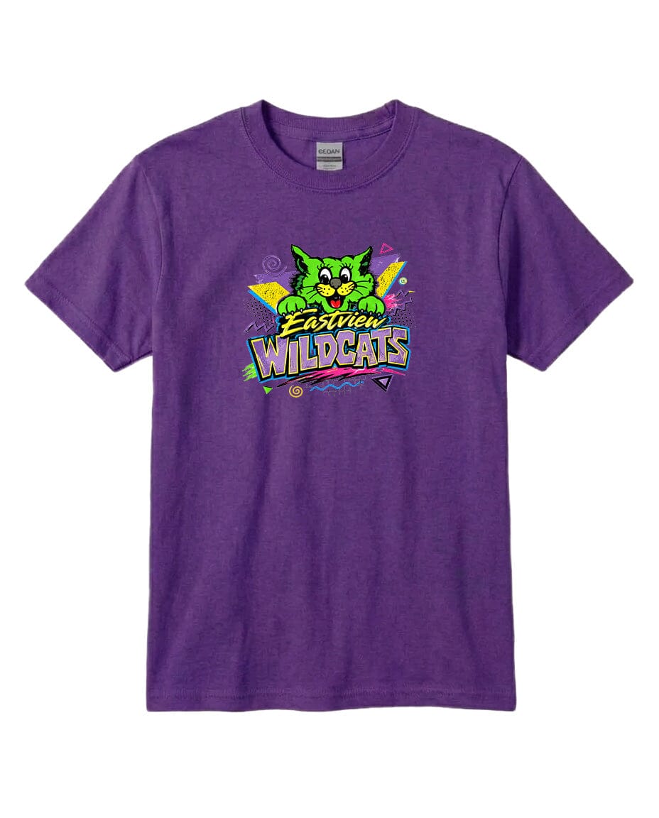 A purple t-shirt with a colorful graphic design featuring a cartoon cat and the text "Easton Wildcats".