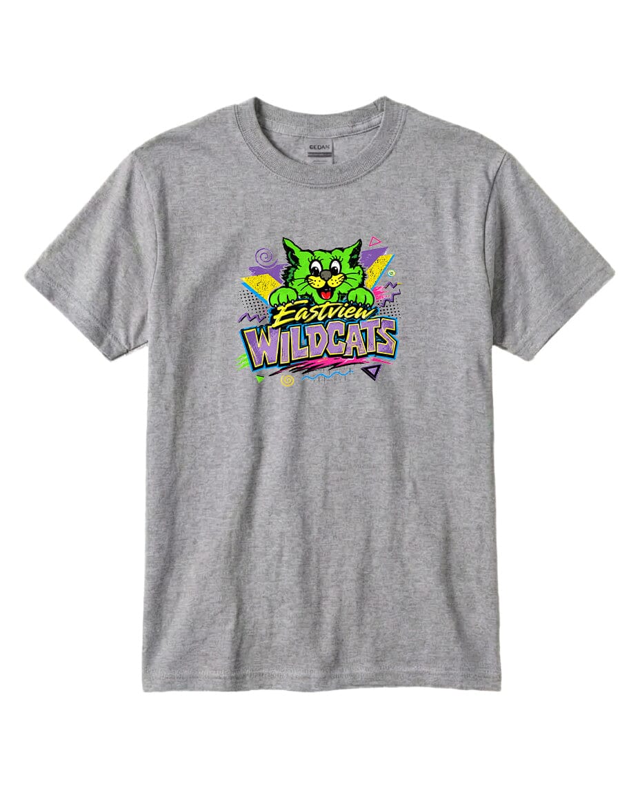 A gray t-shirt with a colorful graphic design featuring a cartoon cat and the text "Easton Wildcats".