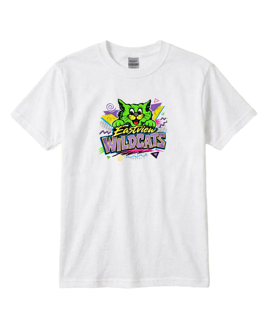A white t-shirt with a colorful graphic design featuring a cartoon-like cat and the text "Easton Wildcats".