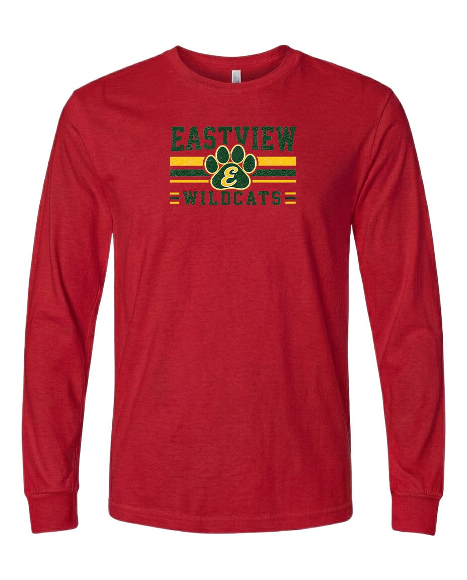 A red long-sleeved t-shirt with a graphic design featuring a paw print and text that says "EASTVIEW WILDCATS".
