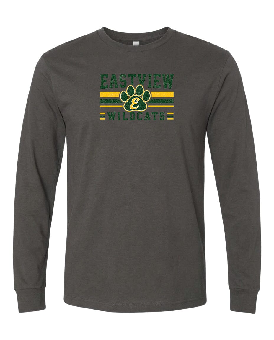 A gray long-sleeved t-shirt with a graphic design featuring a paw print and the text "EASTVIEW WILDCATS" printed on it.