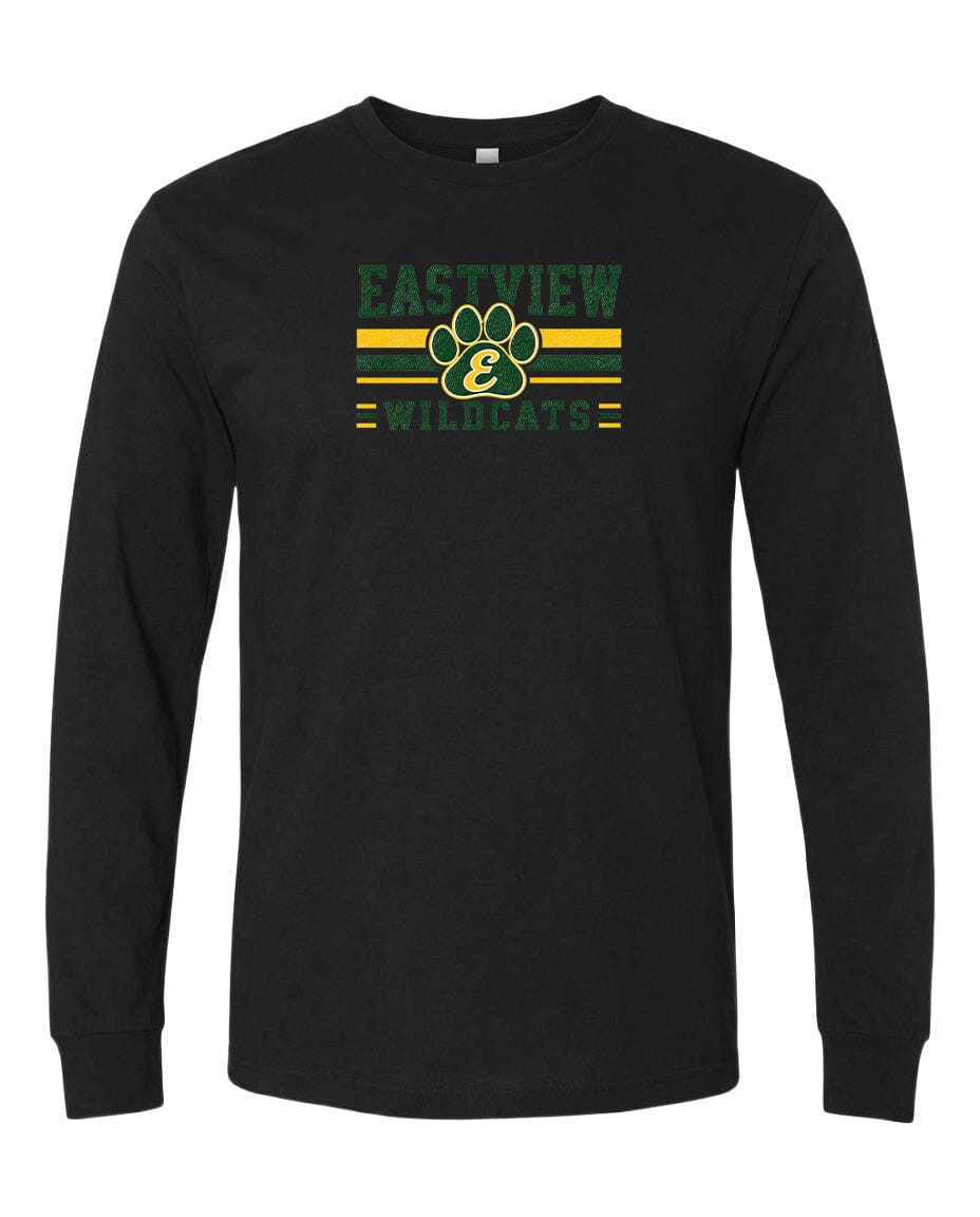 A black long-sleeved t-shirt with a graphic design featuring a paw print and the text "EASTVIEW WILDCATS" printed on it.