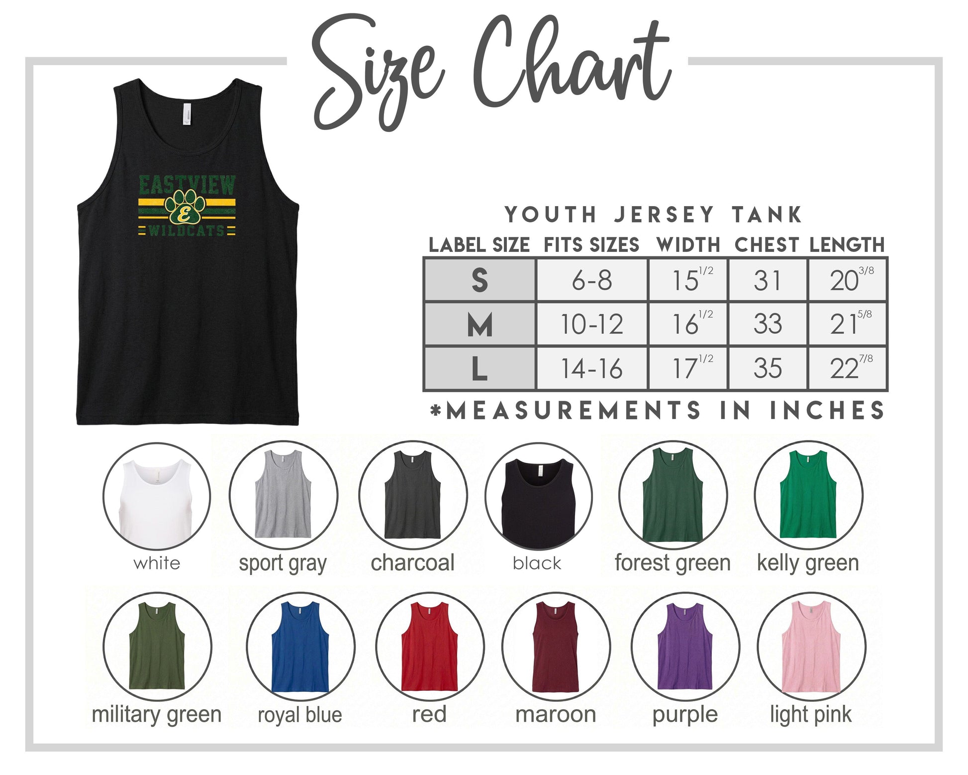 The image is a size chart for a youth jersey tank, displaying various label sizes and corresponding chest measurements.