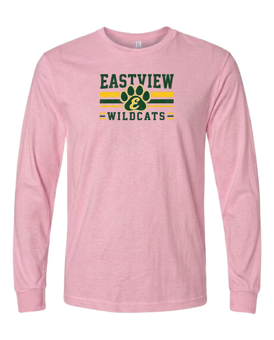 A pink long-sleeved t-shirt with a graphic design featuring the text "EASTVIEW WILDCATS" and a paw print symbol.