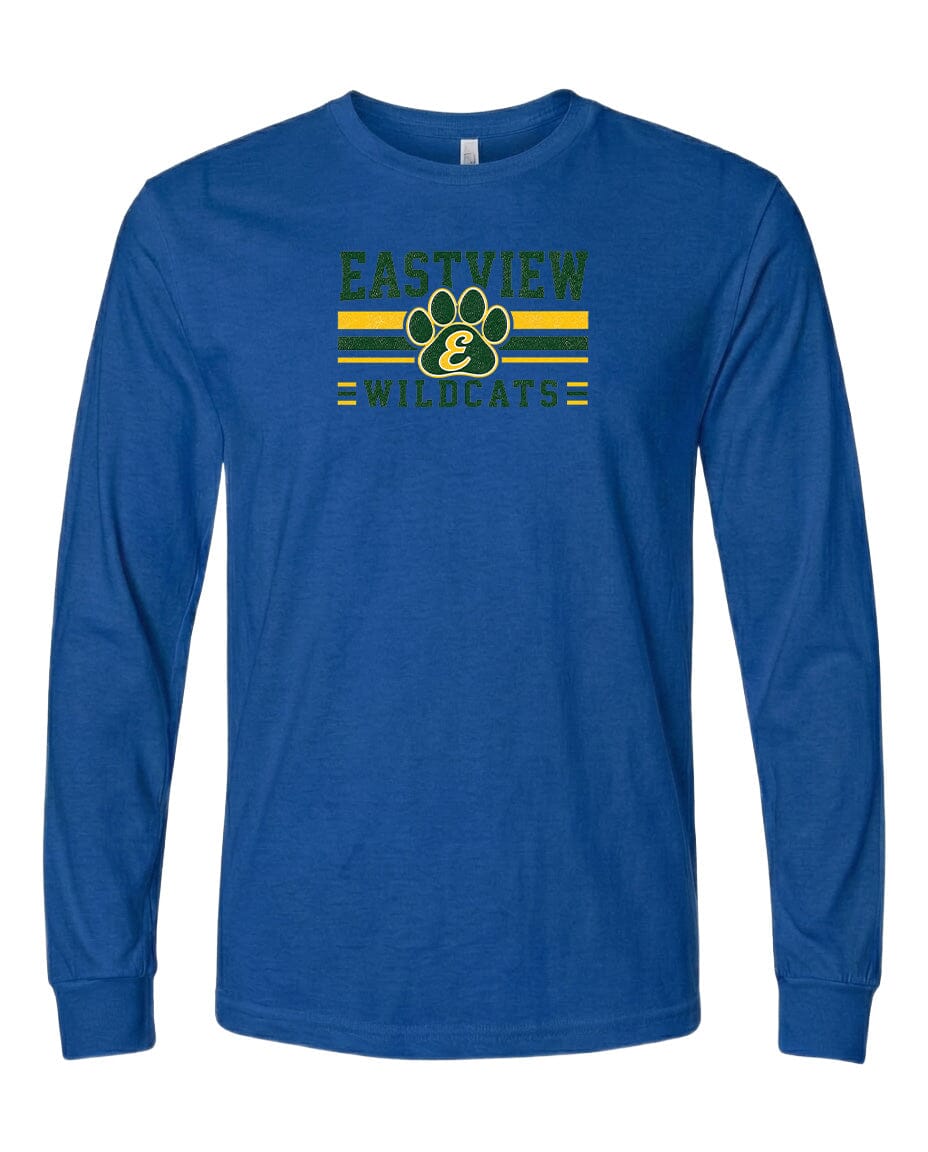 A blue long-sleeved t-shirt with a graphic design featuring a paw print and the text "EASTVIEW WILDCATS" printed on it.