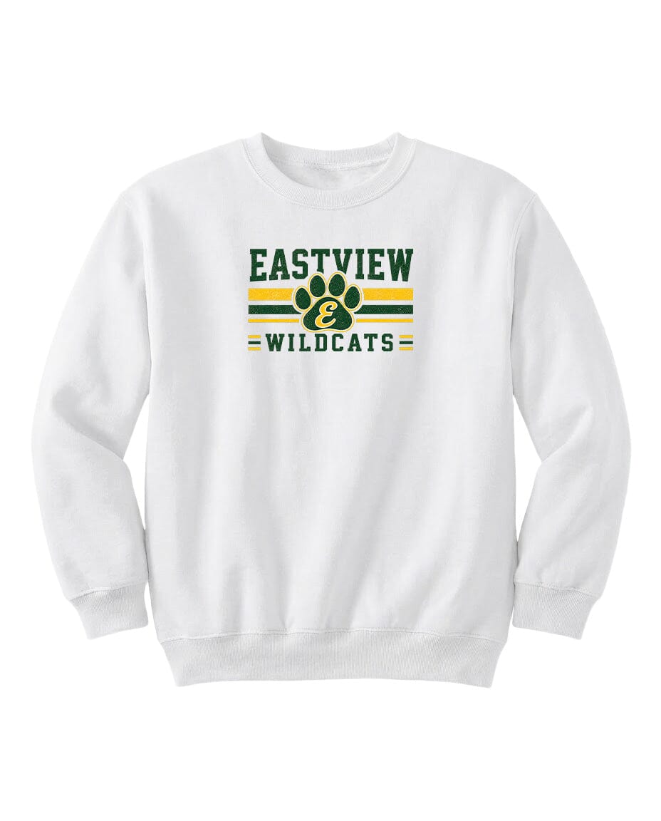 A white sweatshirt with a logo and text on it.