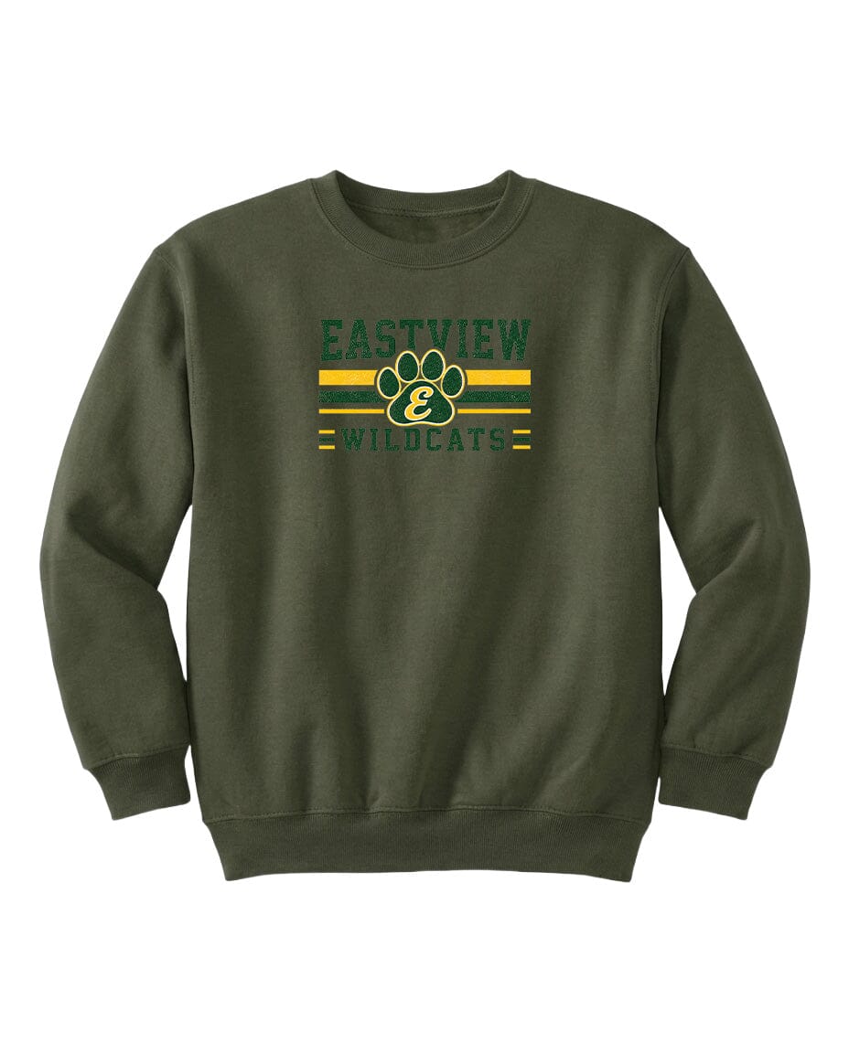 A dark green sweatshirt with a graphic design featuring a paw print and the text "EASTVIEW WILDCATS" printed on it.