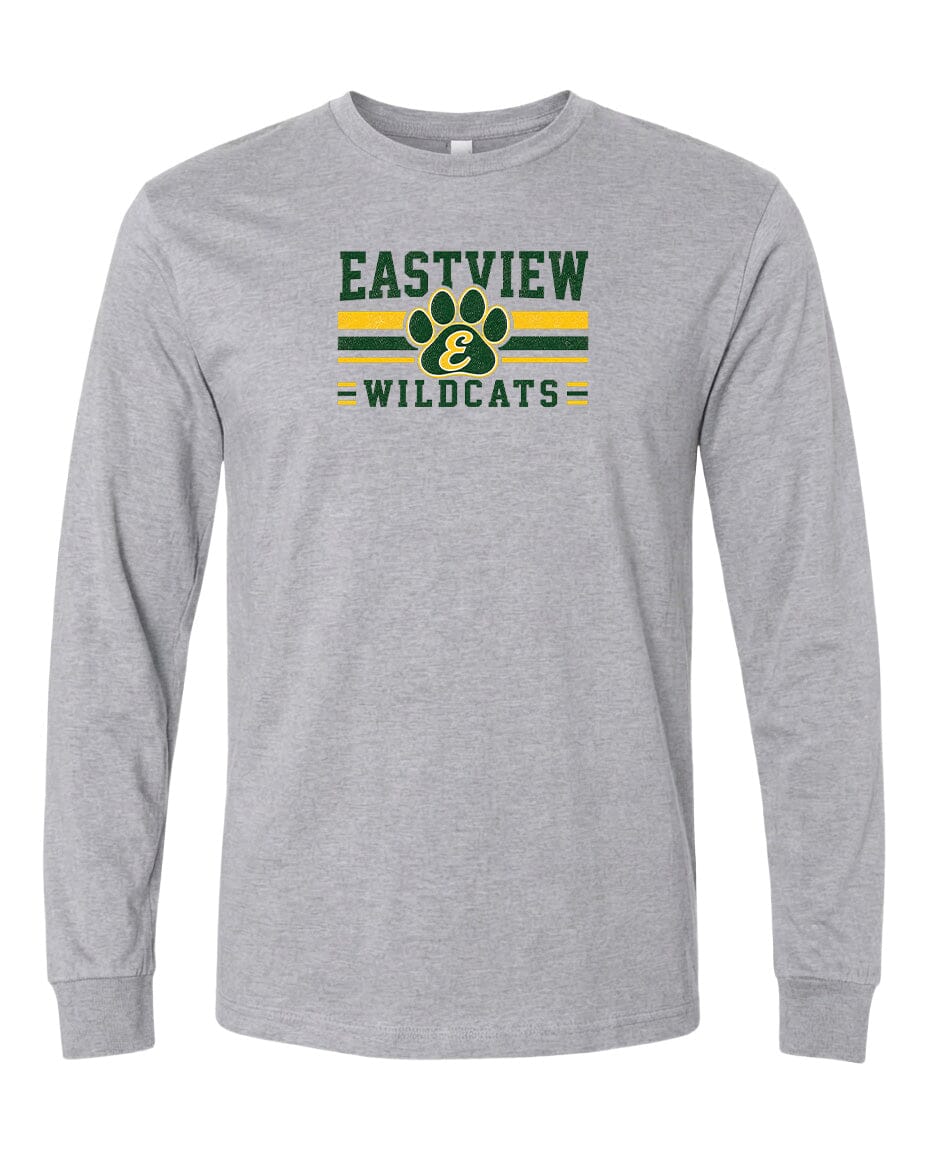 A gray long-sleeved t-shirt with a graphic design featuring the text "EASTVIEW WILDCATS" and a paw print symbol.