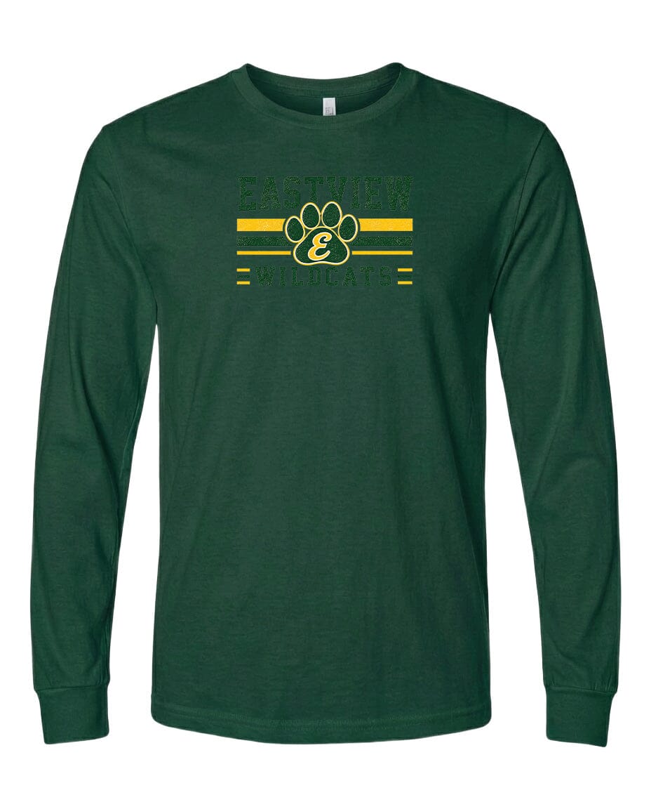 A dark green long-sleeved t-shirt with a graphic design featuring a yellow and green logo that says "EASTVIEW WILDCATS".
