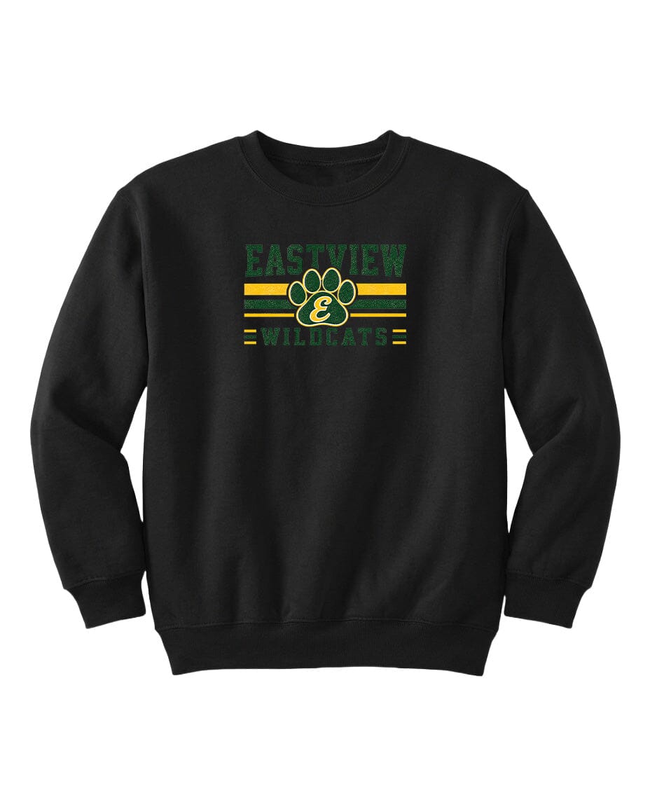 A black sweatshirt with a graphic design featuring a paw print and the text "EASTVIEW WILDCATS" printed on it.