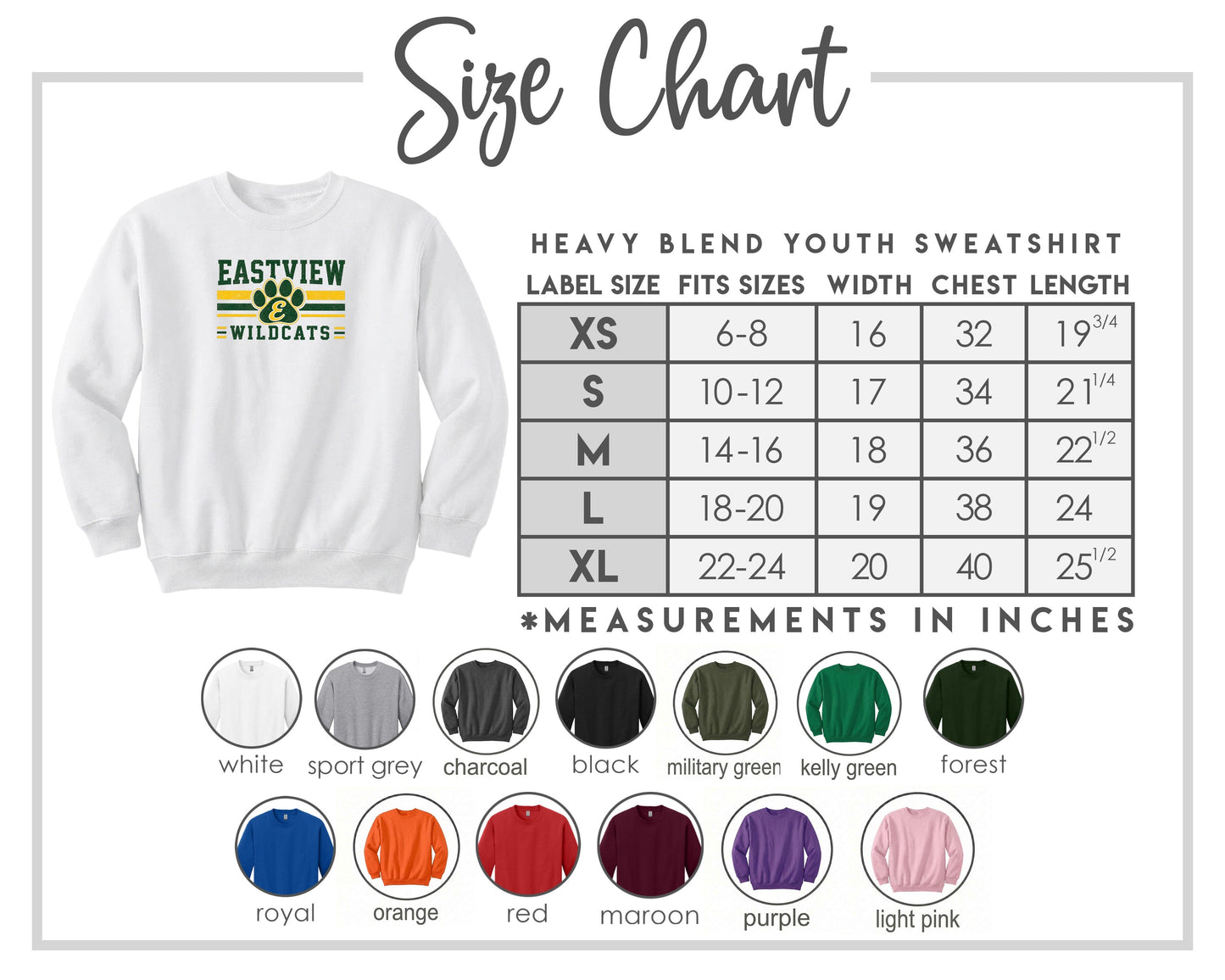 The image is a size chart for a heavy blend youth sweatshirt, including various color options and corresponding measurements in inches.