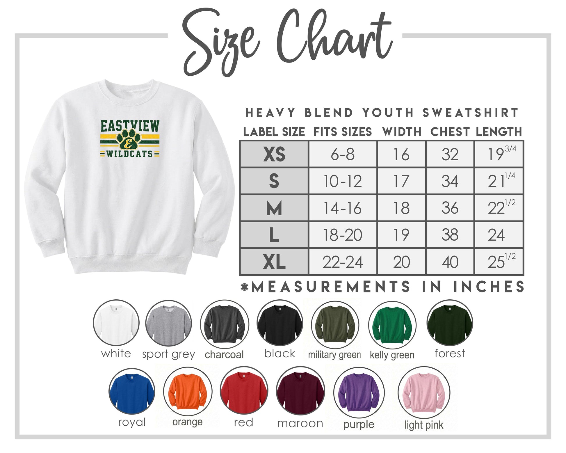 The image is a size chart for a heavy blend youth sweatshirt, including various color options and corresponding measurements in inches.