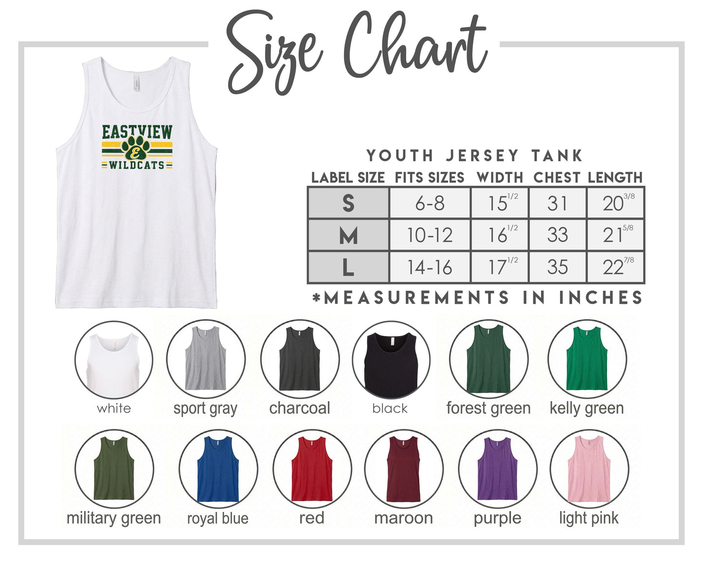 The image is a size chart for a youth jersey tank, displaying various color options and corresponding measurements in inches.