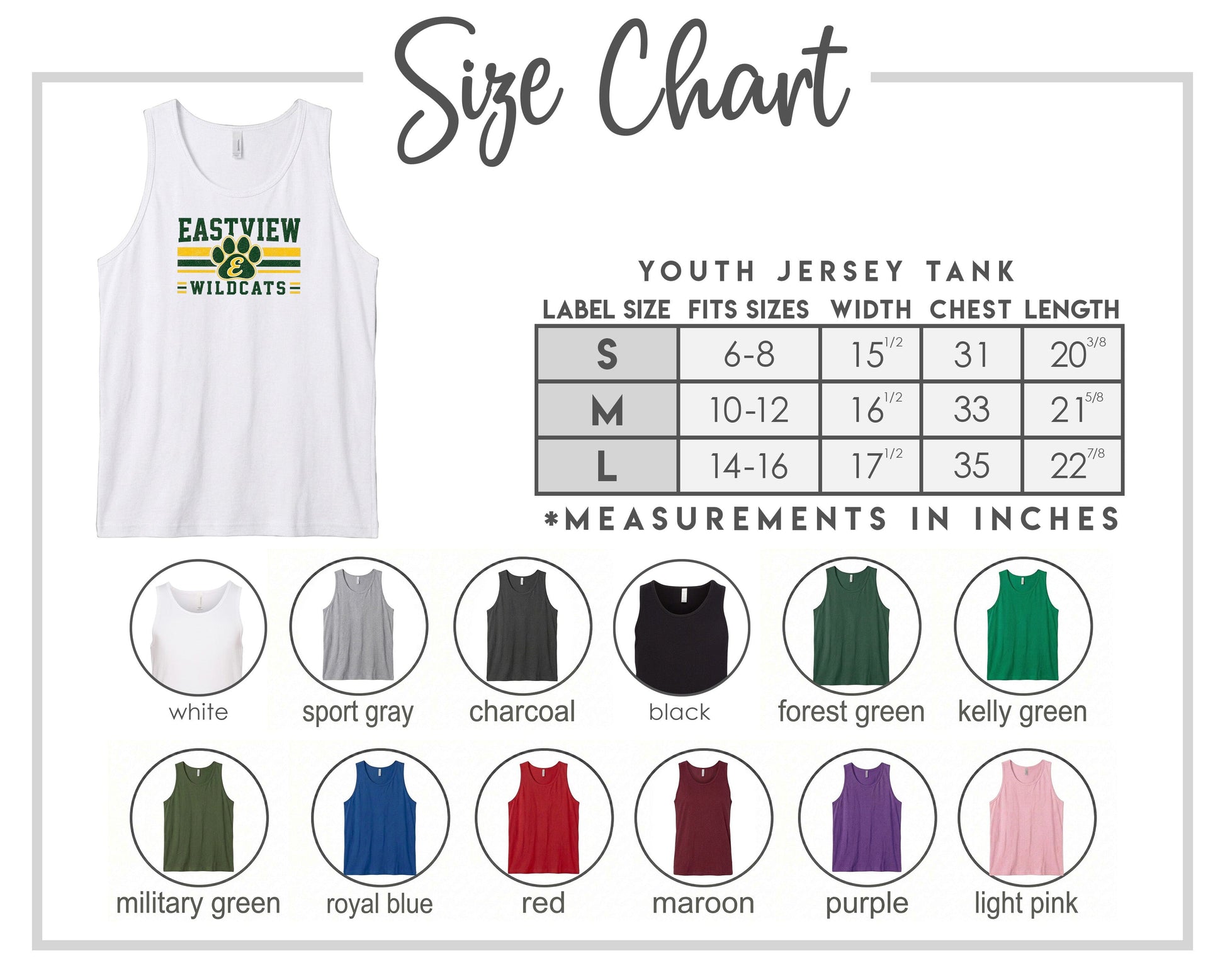 The image is a size chart for a youth jersey tank, displaying various color options and corresponding measurements in inches.