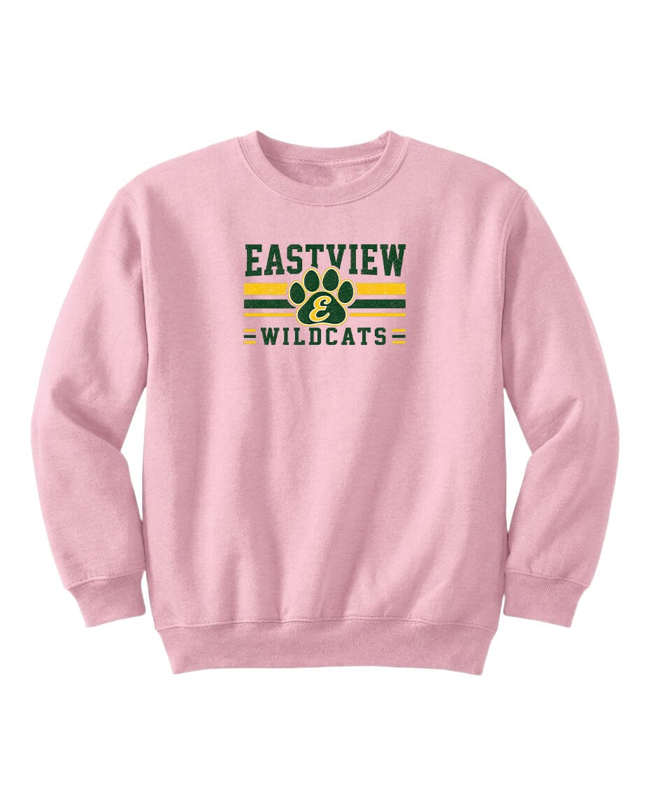 A pink sweatshirt with a logo and text on it.