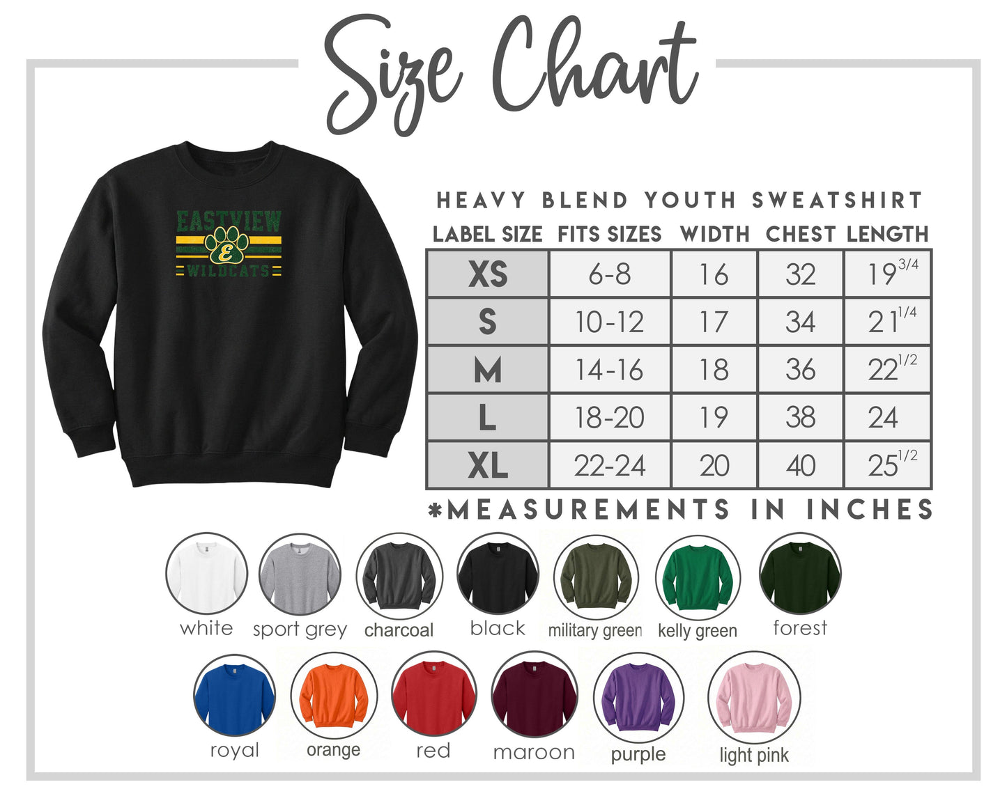 The image is a size chart for a heavy blend youth sweatshirt, including various color options and corresponding measurements in inches.