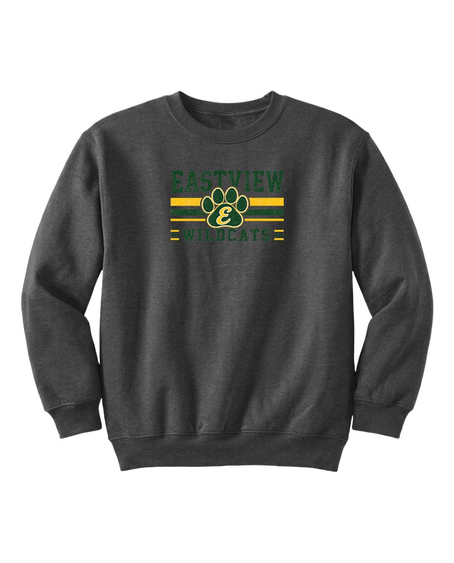 A gray sweatshirt with a graphic design featuring a paw print and the text "EASTVIEW WILDCATS" printed on it.