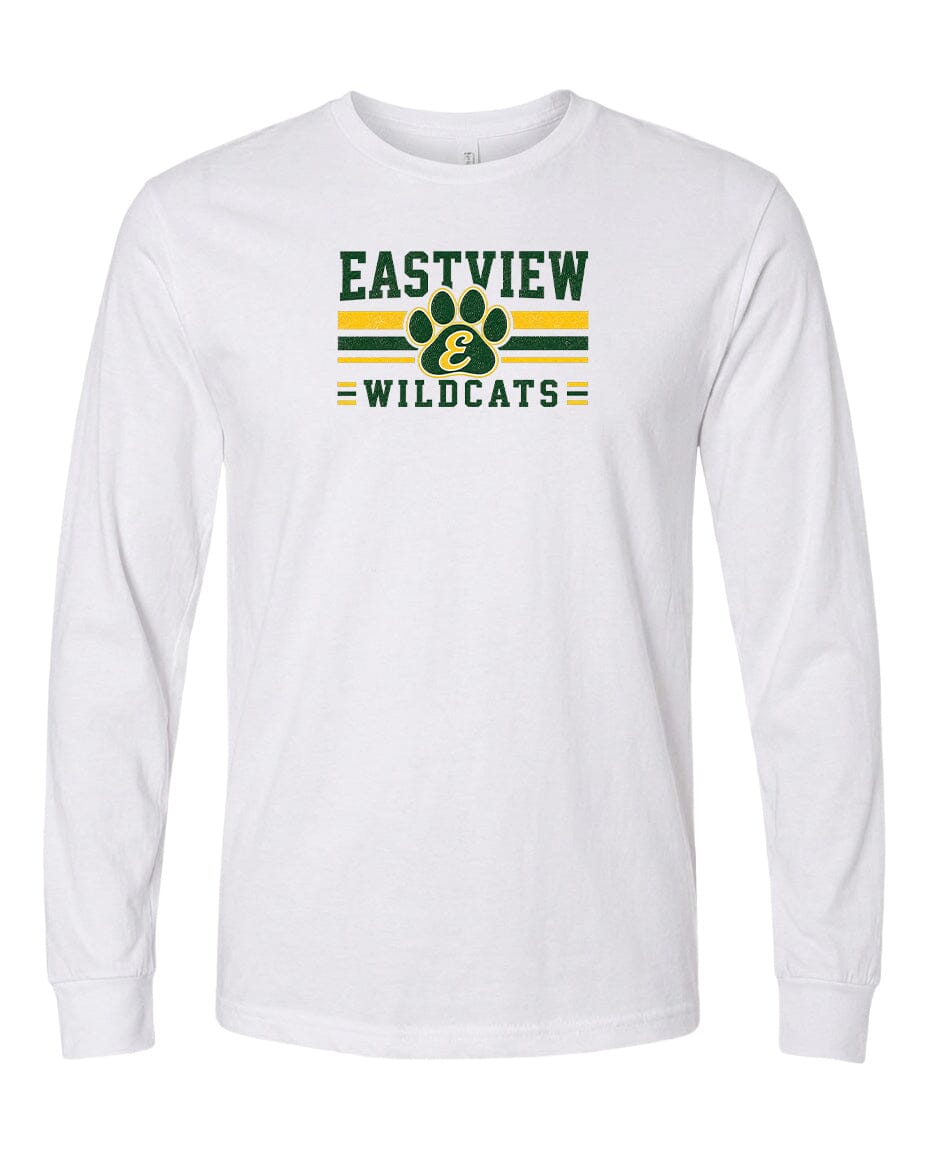 A white long-sleeved t-shirt with a graphic design featuring the text "EASTVIEW WILDCATS" and a paw print logo.