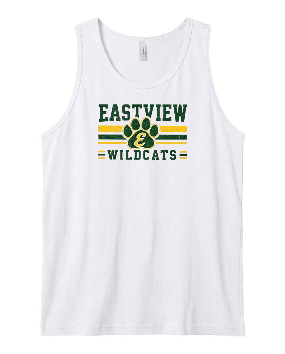 A white tank top with a graphic design featuring the text "EASTVIEW WILDCATS" and a paw print logo.