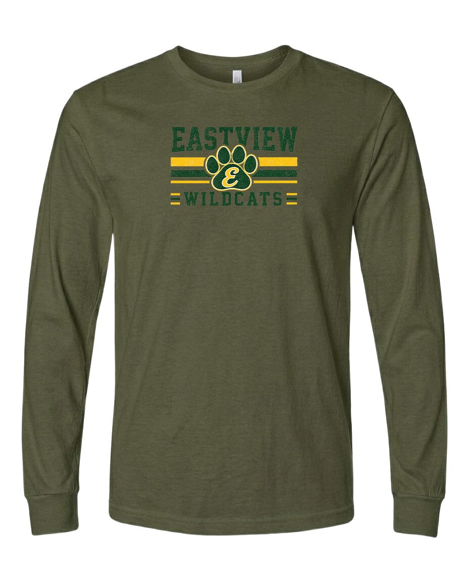 A long-sleeved olive green t-shirt with a graphic design featuring a paw print and the text "EASTVIEW WILDCATS" printed on it.