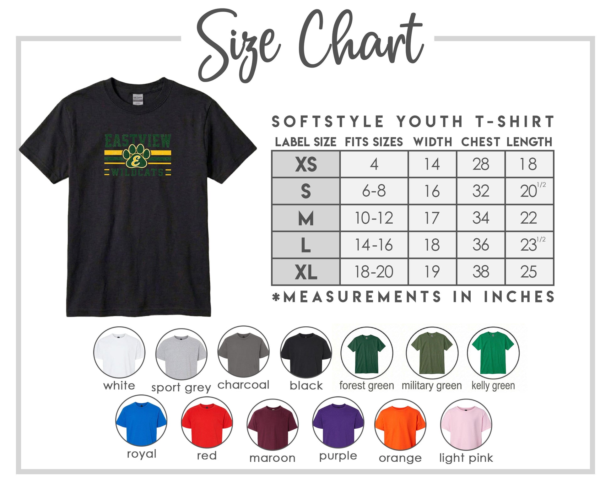 The image is a size chart for a softstyle youth t-shirt, providing measurements for different sizes and corresponding t-shirt colors.