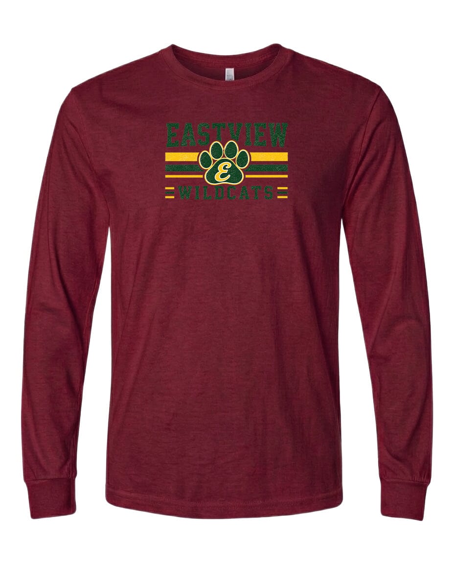 A burgundy long-sleeved t-shirt with a graphic design featuring a paw print and the text "EASTVIEW WILDCATS" printed on it.