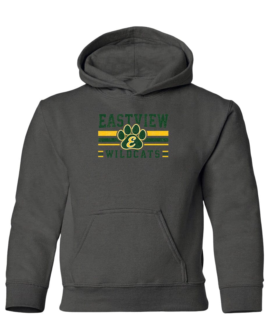 A gray hoodie with a graphic design featuring a paw print and the text "EASTVIEW WILDCATS" printed on it.
