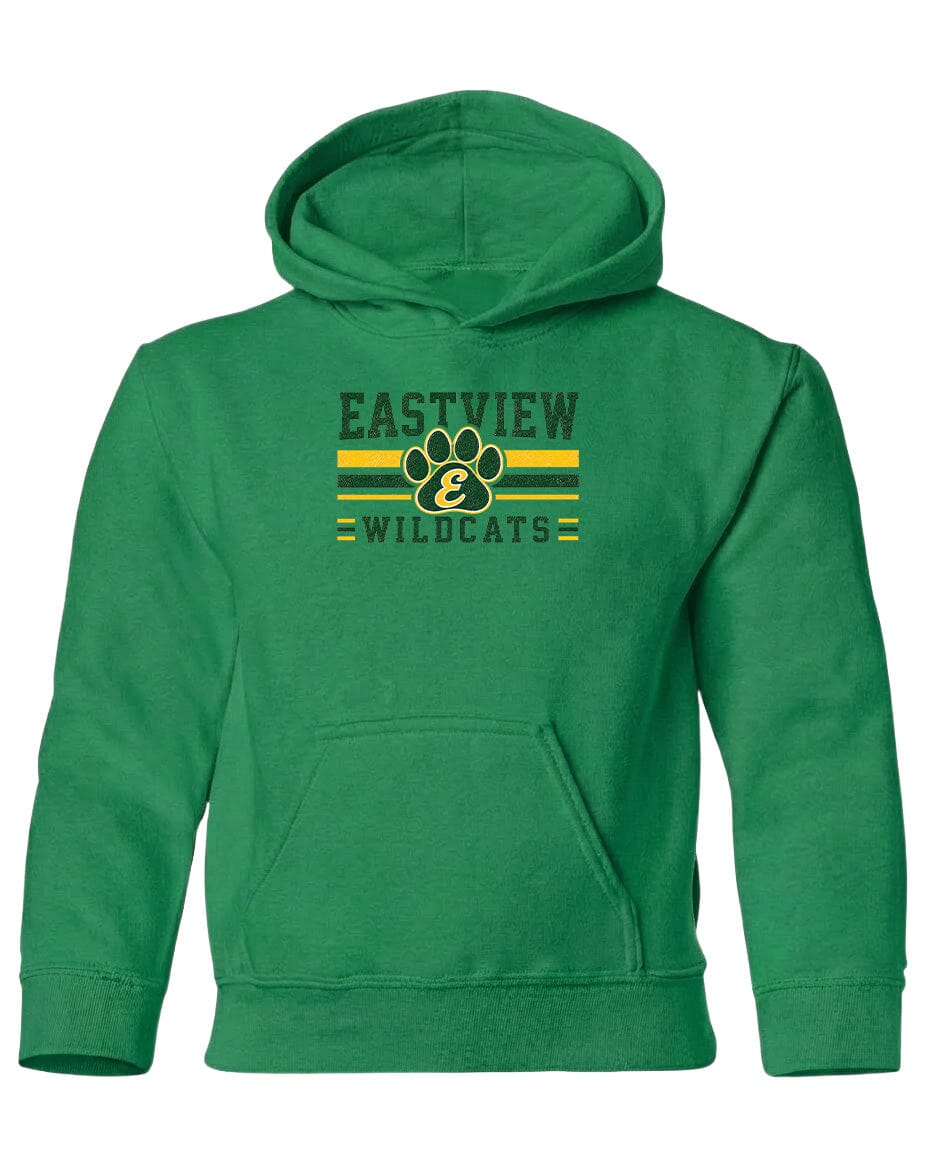 A green hoodie with a graphic design featuring a paw print and the text "EASTVIEW WILDCATS".