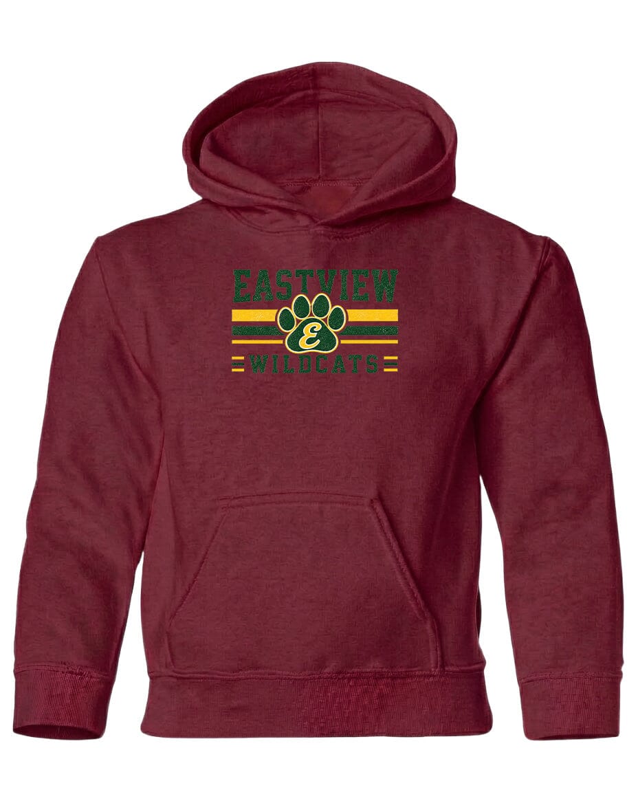 A maroon hoodie with a graphic design featuring a paw print and the text "EASTVIEW WILDCATS" printed on it.