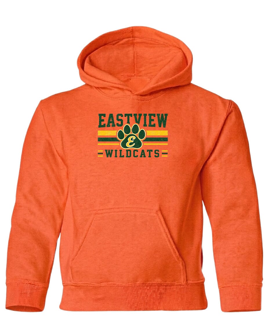 An orange hoodie with a graphic and text logo on it.
