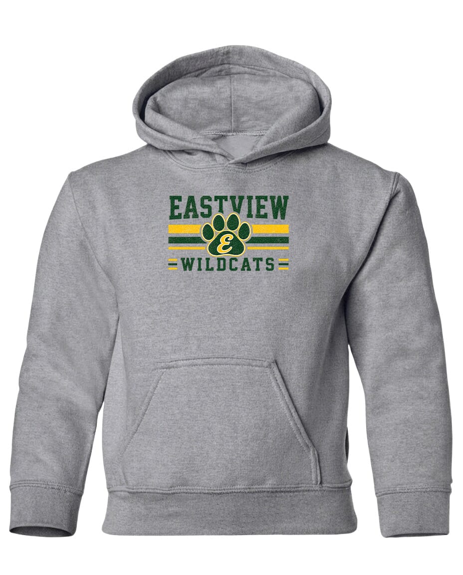 A gray hoodie with a graphic design featuring the text "EASTVIEW WILDCATS" and a paw print logo.