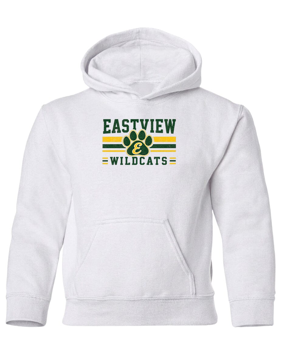 A white hoodie with a graphic design featuring the text "EASTVIEW WILDCATS" and a paw print logo.