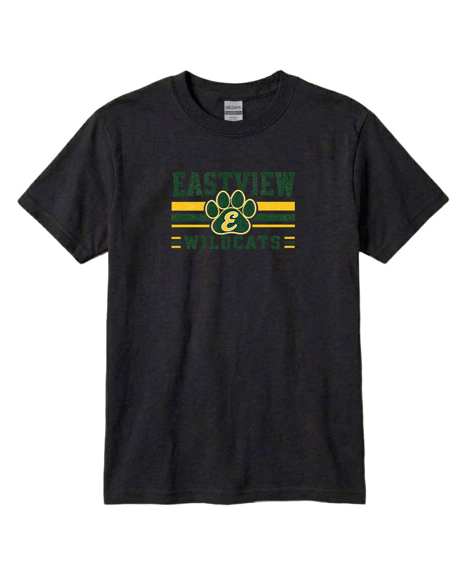 A black t-shirt with a graphic design featuring a paw print and the text "EACHVIEW WILDLIFE" printed on it.