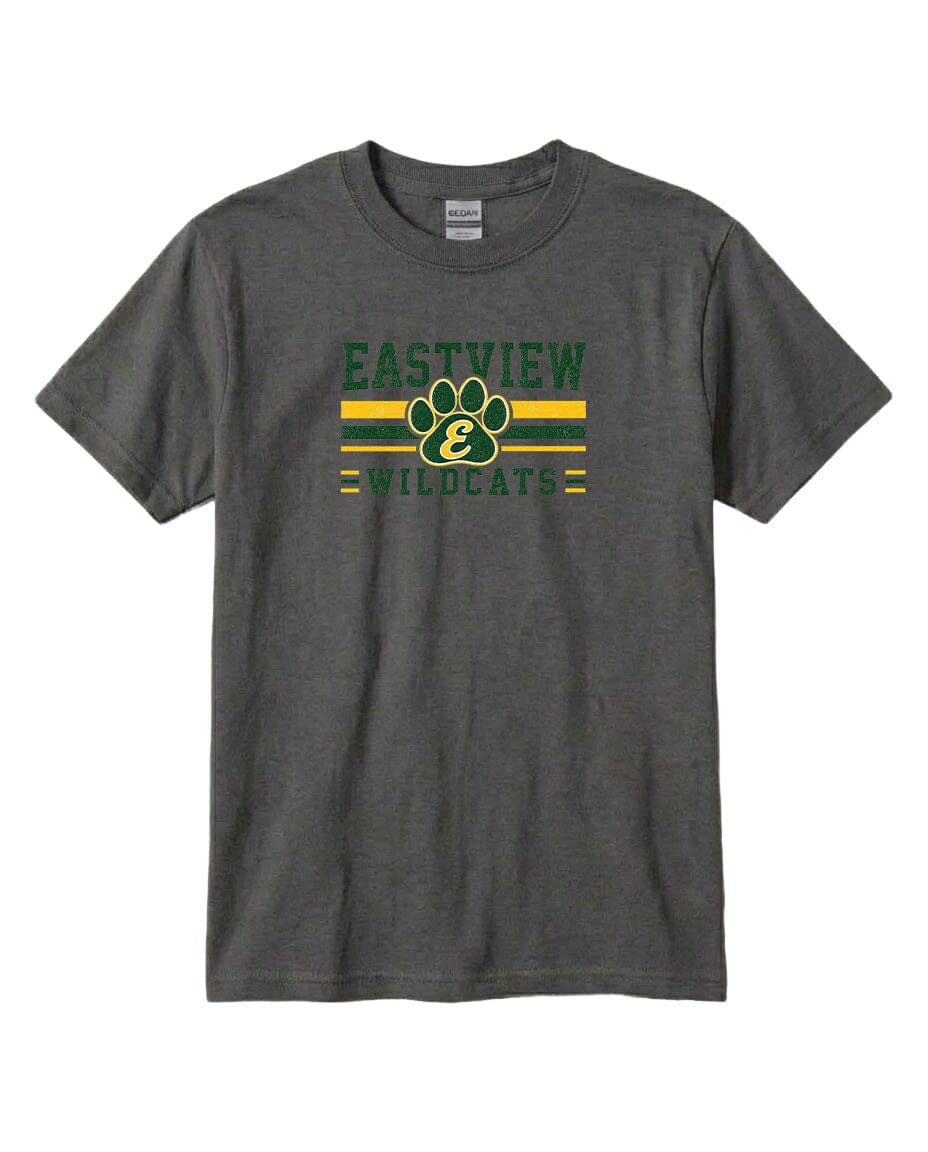 A gray t-shirt with a graphic design featuring a paw print and the text "EASTVIEW WILDCATS" printed on it.
