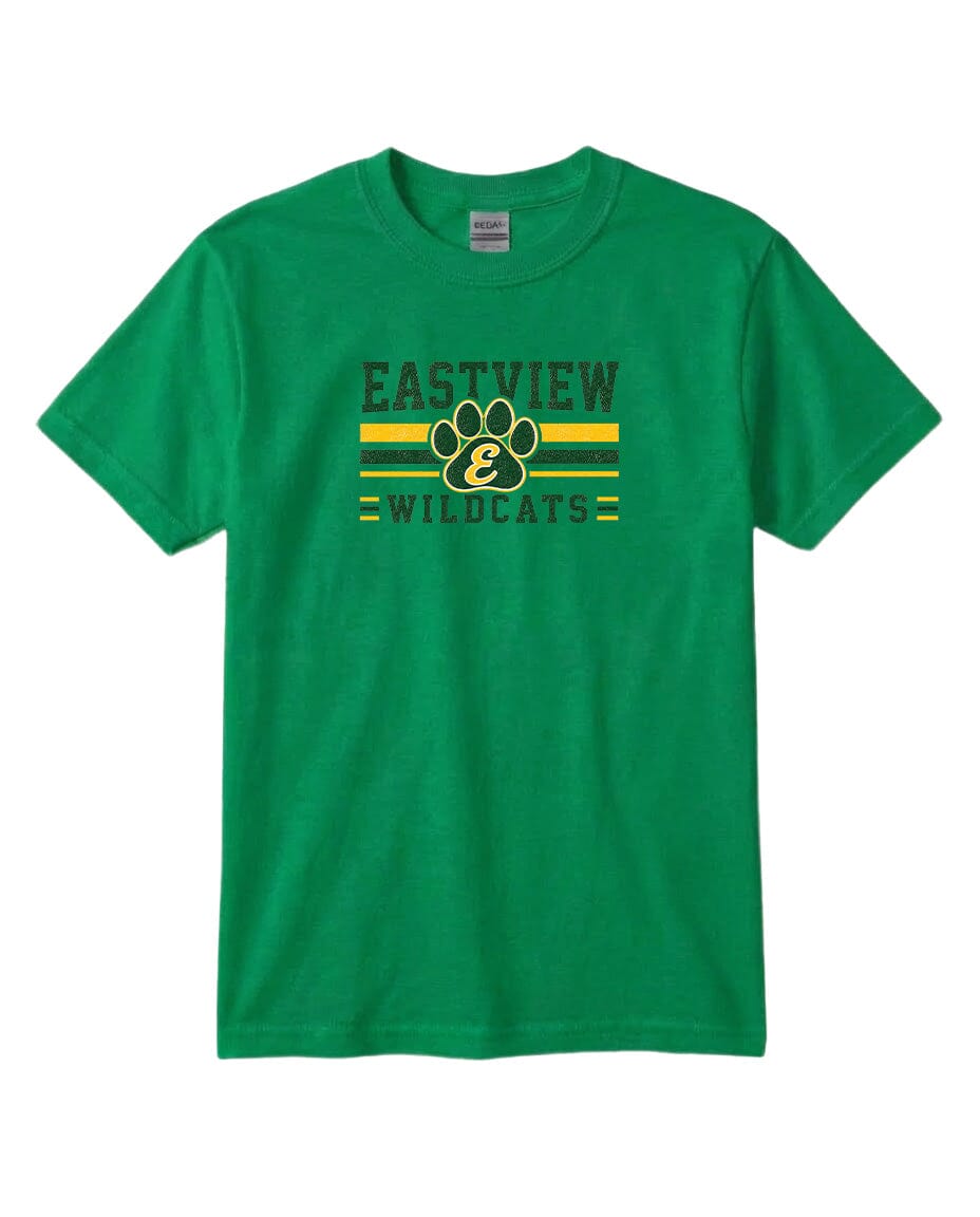 A green t-shirt with a graphic design featuring a paw print and the text "EASTVIEW WILDCATS" printed on it.