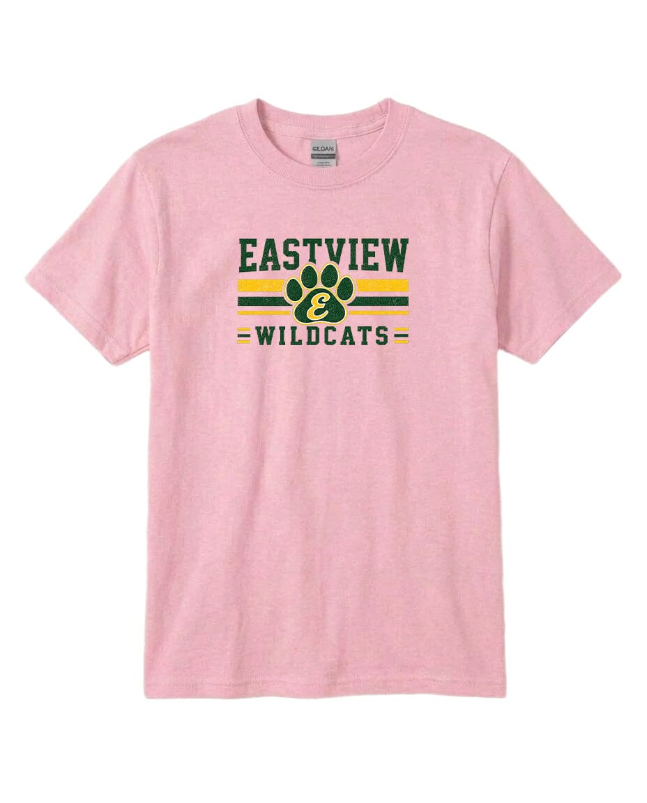 A pink t-shirt with a graphic design featuring the text "EASTVIEW WILDCATS" and a paw print symbol.