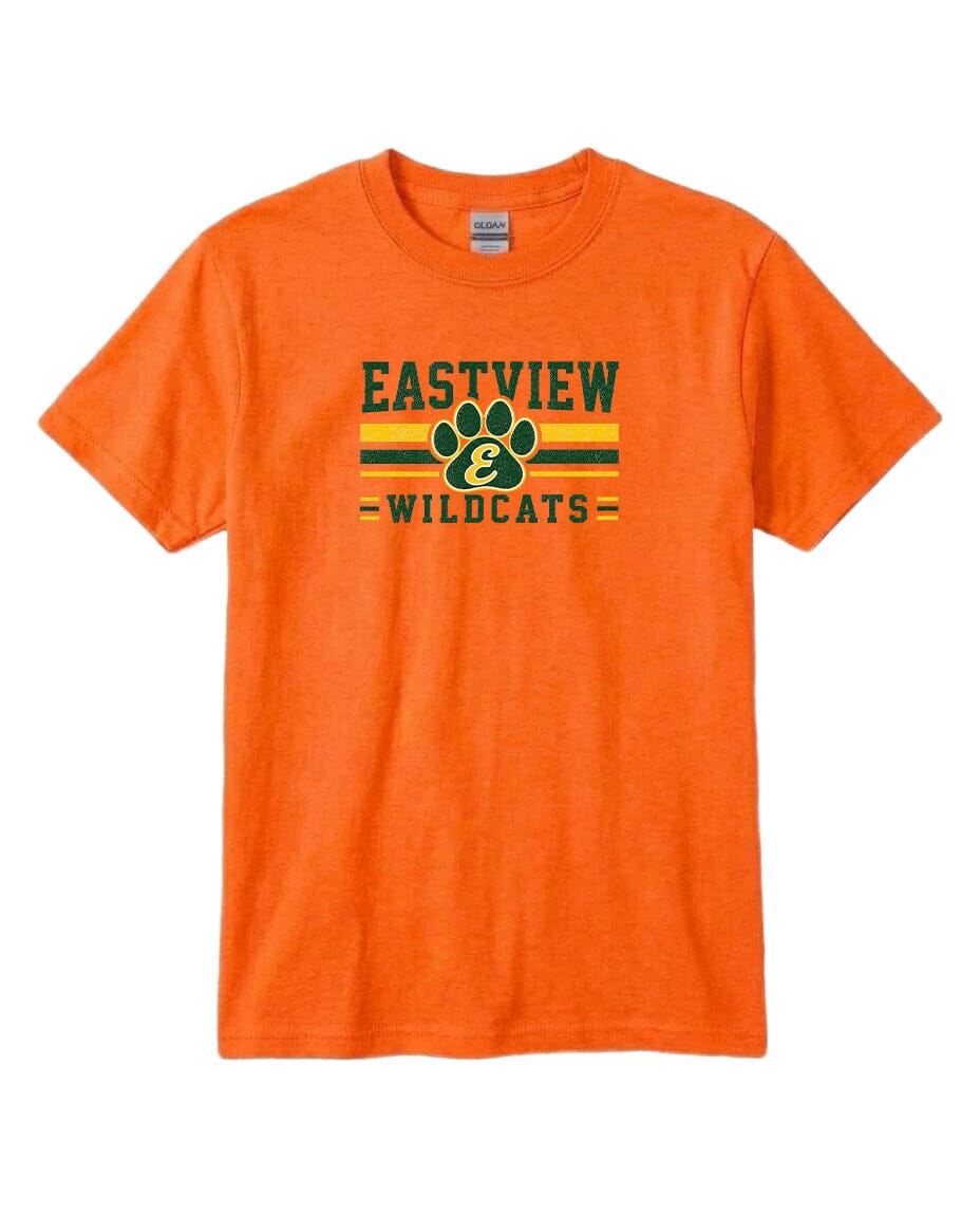 An orange t-shirt with a graphic design featuring a paw print and text that says "EASTVIEW WILDCATS".