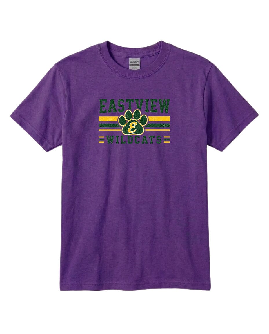 A purple t-shirt with a graphic design featuring a paw print and the text "EASTVIEW WILDCATS" printed on it.